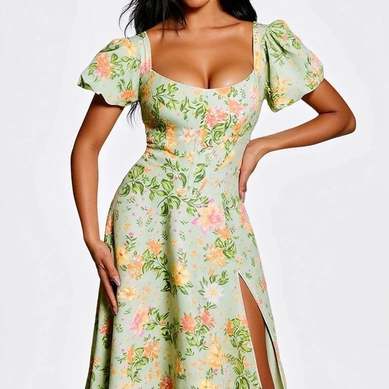 Robe corset fleurie fendue manches courtes