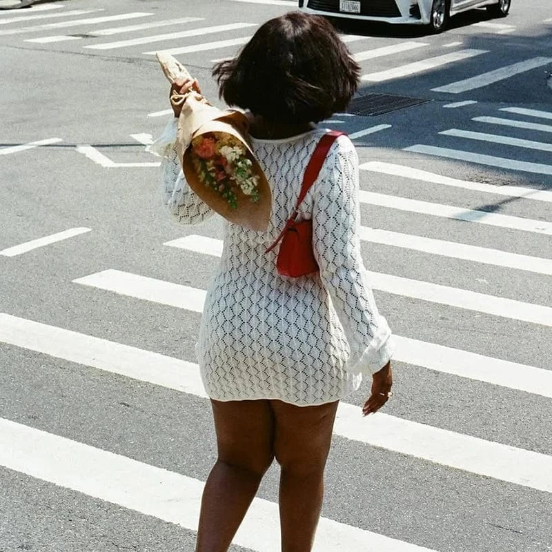 Robe crochet courte pour plage à manches longues