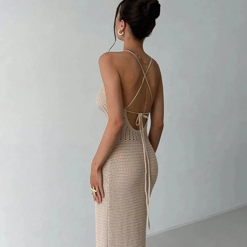 Robe crochet longue beige moulante