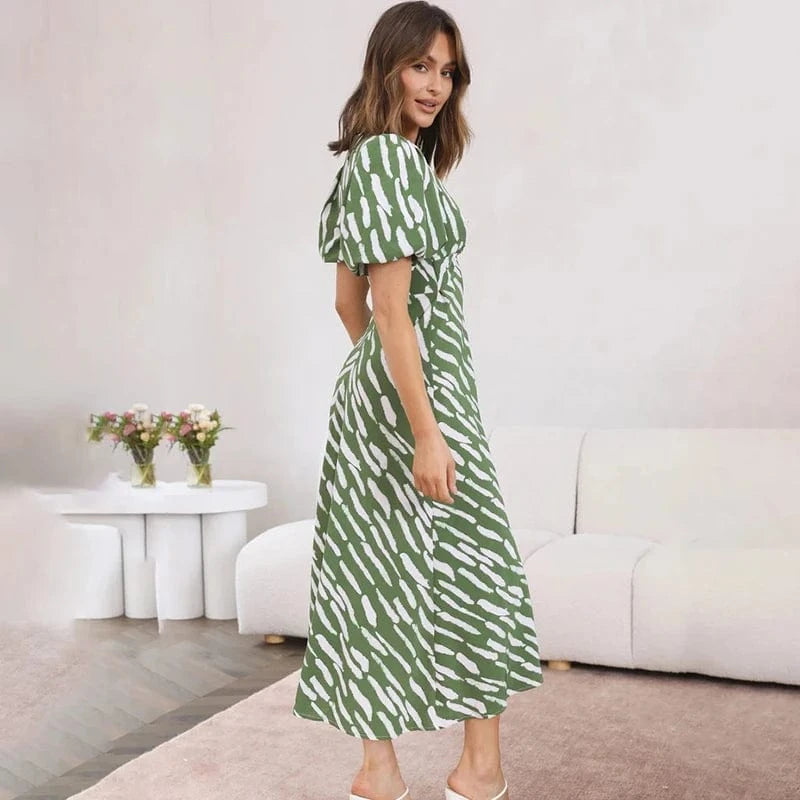 robe été bohème verte midi à manches bouffantes parfaite pour un look chic et décontracté