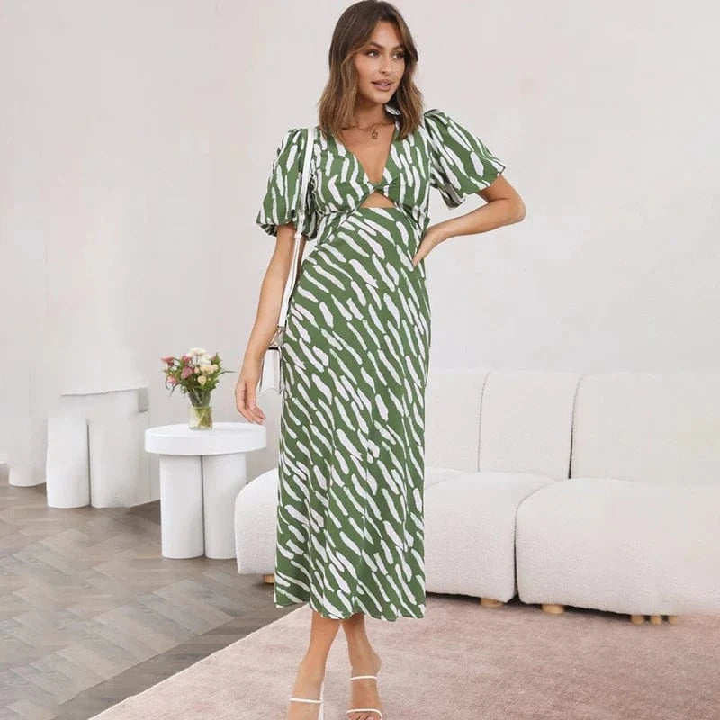 robe été verte bohème midi manches bouffantes idéale pour mariage invité chic ou sortie estivale