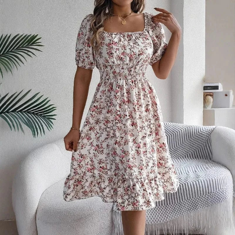 robe d'été fleurie col carré manches courtes trapèze fluide femme idéale pour journée ensoleillée