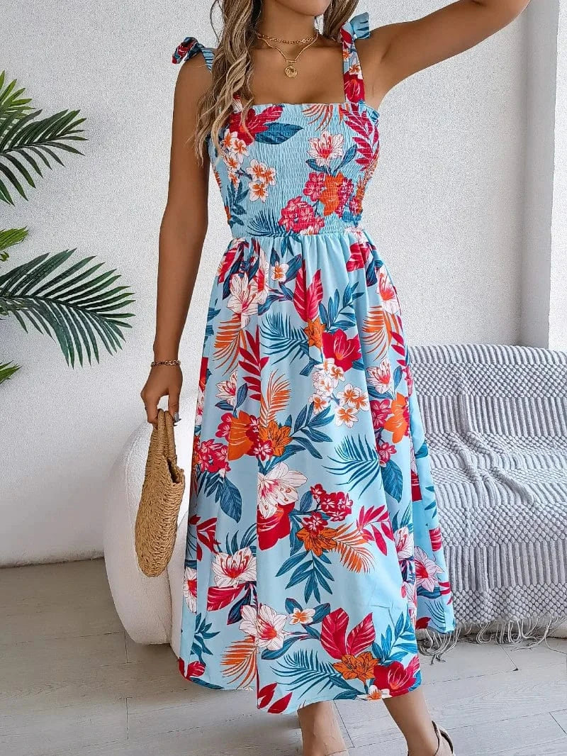 robe été fleurie midi trapèze sans manches casual pour plage ou anniversaire en journée