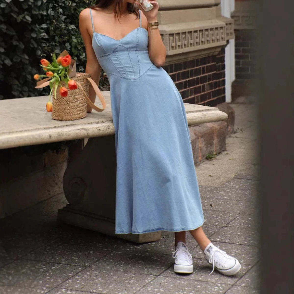 robe en jean midi été casual sans manches silhouette droite idéale pour un look décontracté et tendance