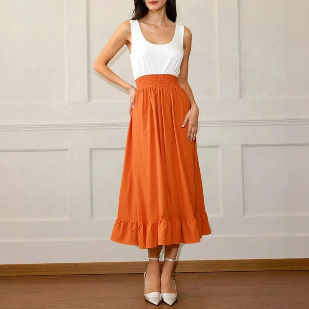 robe d'été midi sans manches blanche et orange style casual fluide parfaite pour la plage ou l'été