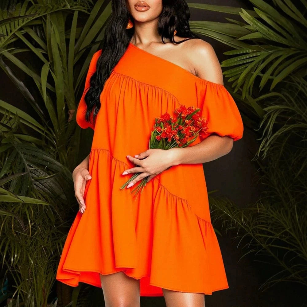 robe d'été orange fluide manches courtes trapèze idéale pour la plage ou un look estival casual