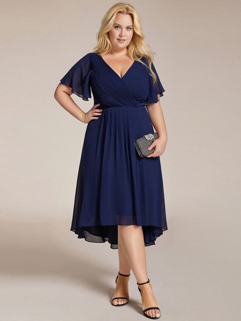 Robe d'invitée au mariage bleu asymétrique à volants