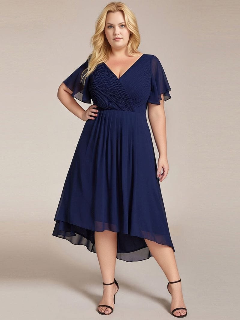 Robe d'invitée au mariage bleu asymétrique à volants