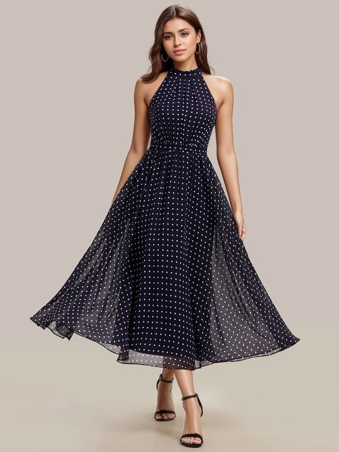 Robe de cocktail bleu marine à pois sans manches col licou