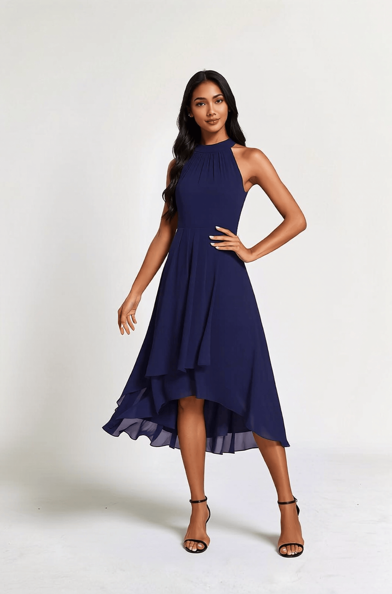 Robe de cocktail bleu marine fluide sans manches