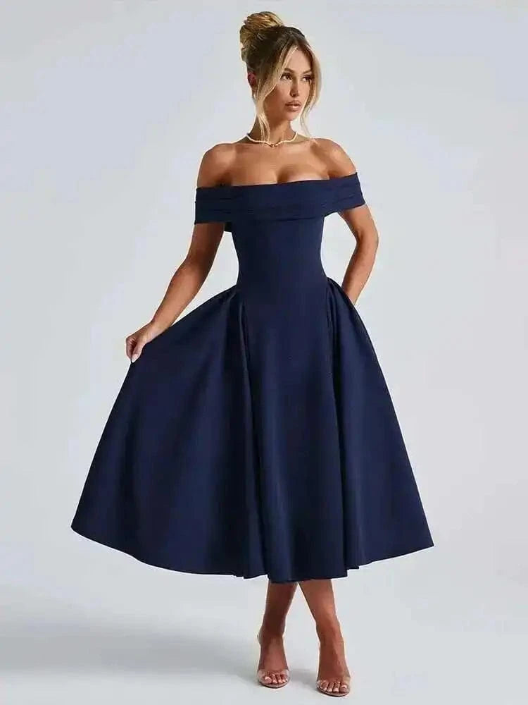 Robe de cocktail midi évasée col bardot