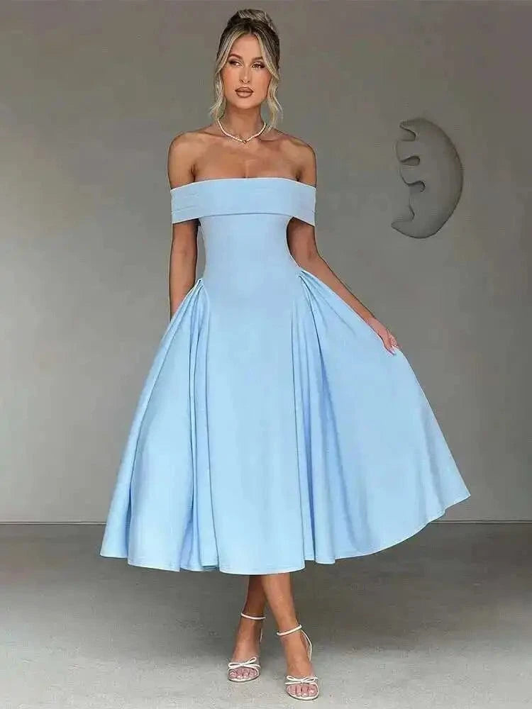 Robe de cocktail midi évasée col bardot
