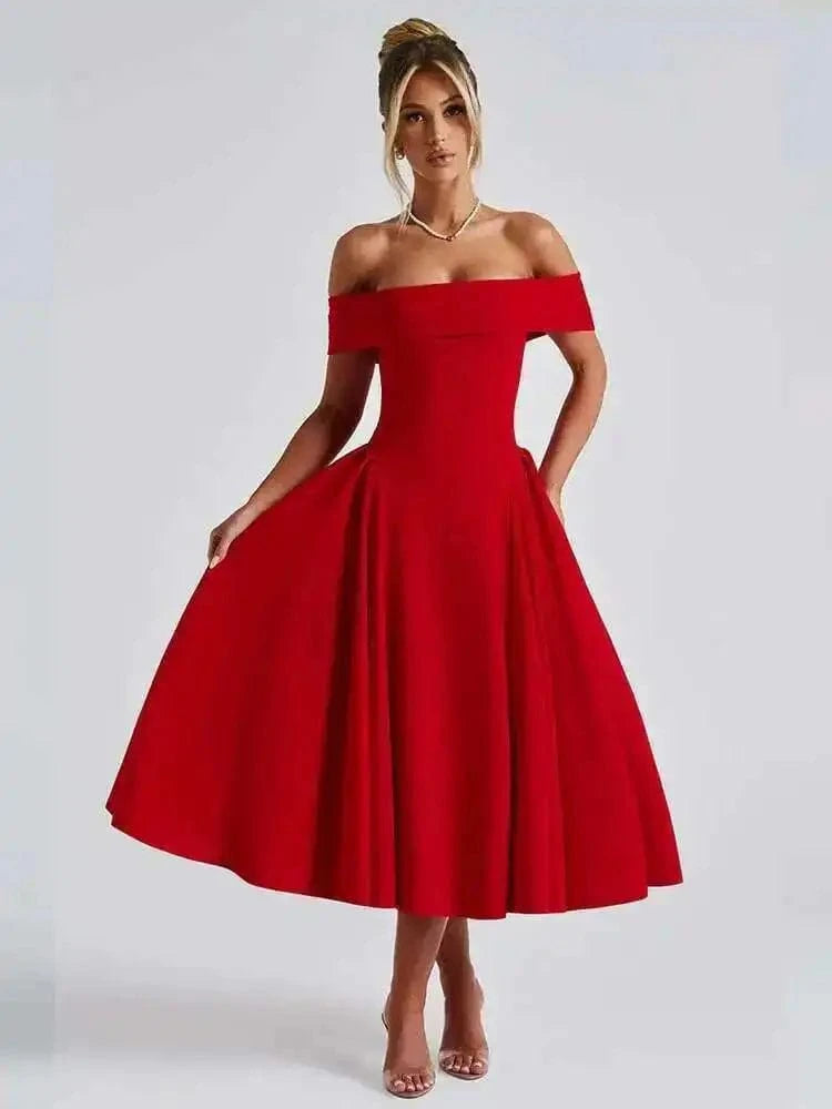 Robe de cocktail midi évasée col bardot