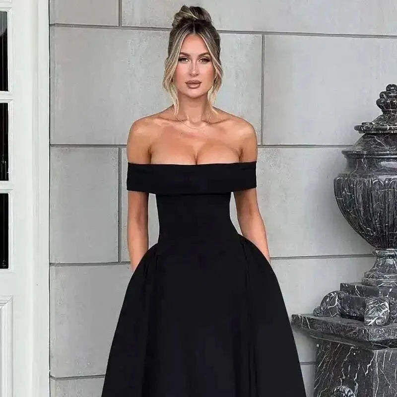 Robe de cocktail midi évasée col bardot