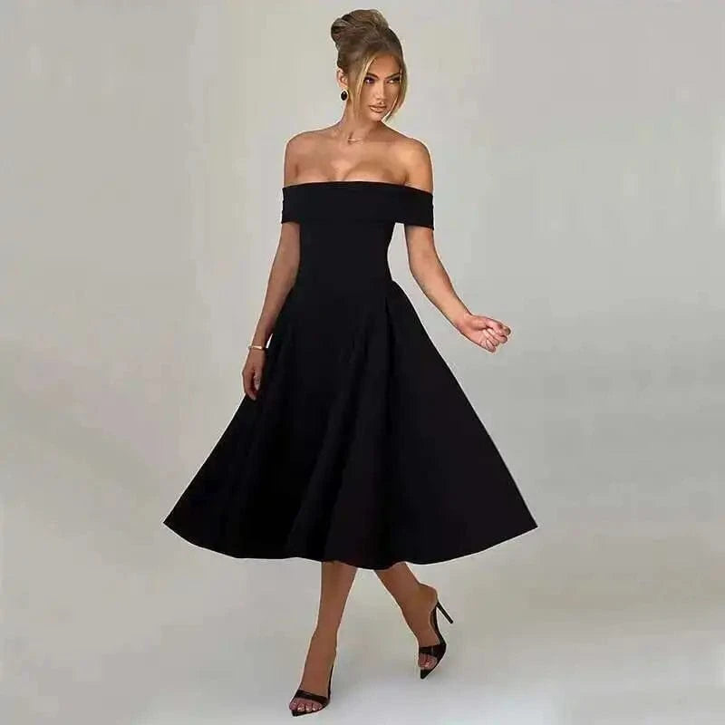 Robe de cocktail midi évasée col bardot