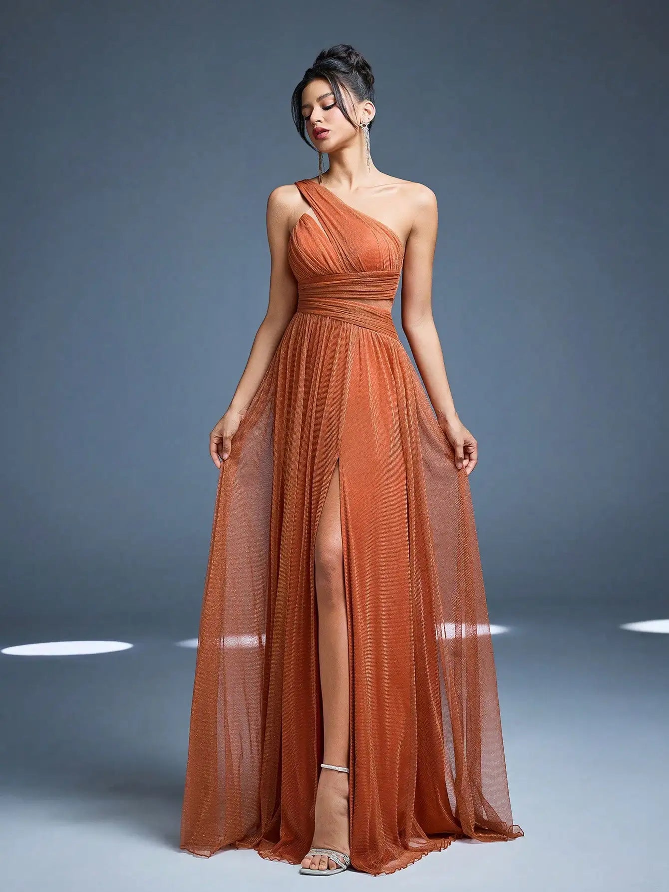 Robe de demoiselle d'honneur terracotta à une épaule et fente haute
