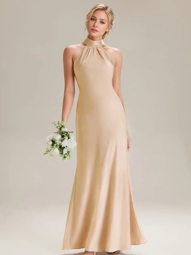 Robe de demoiselles d'honneur longue sans manches couleur champagne