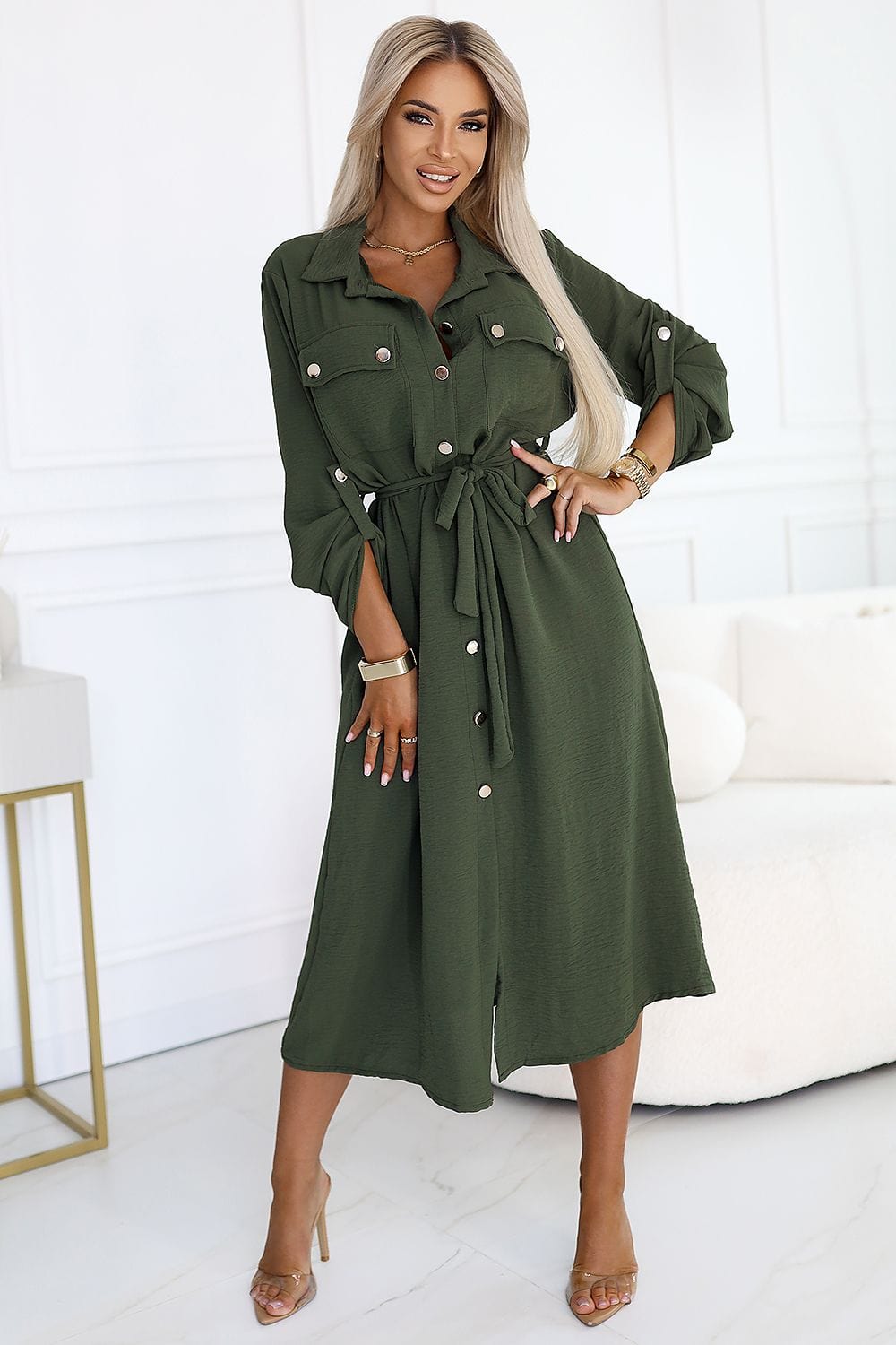 robe chemise verte fluide manches longues idéale pour un look casual chic de mi-saison