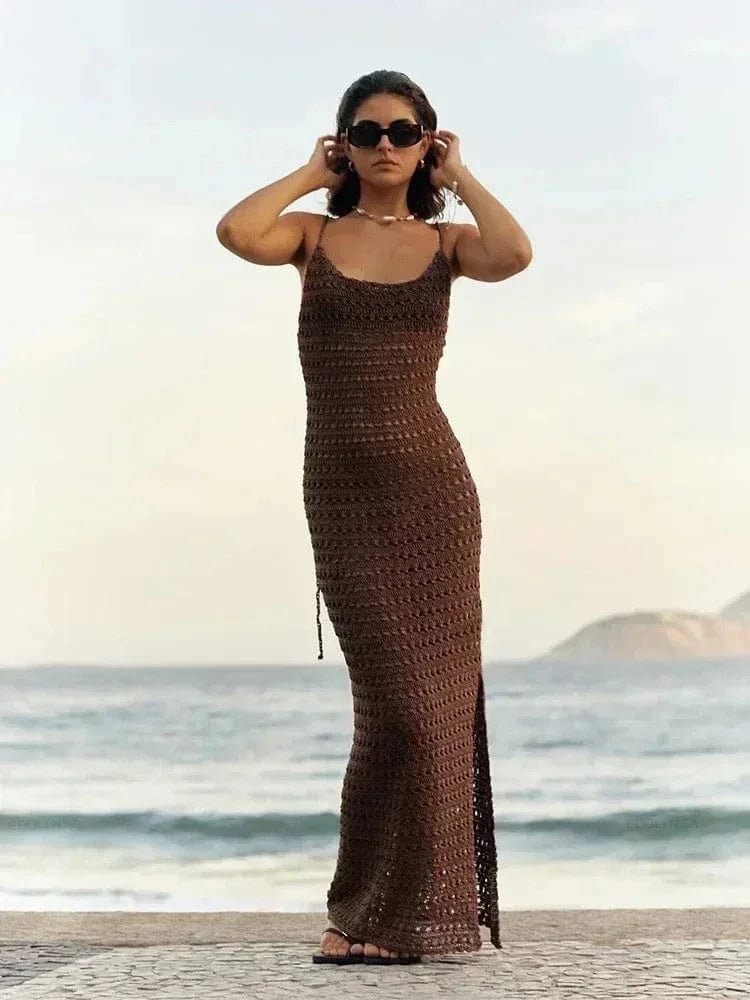 Robe de plage crochet longue fendue dos nu