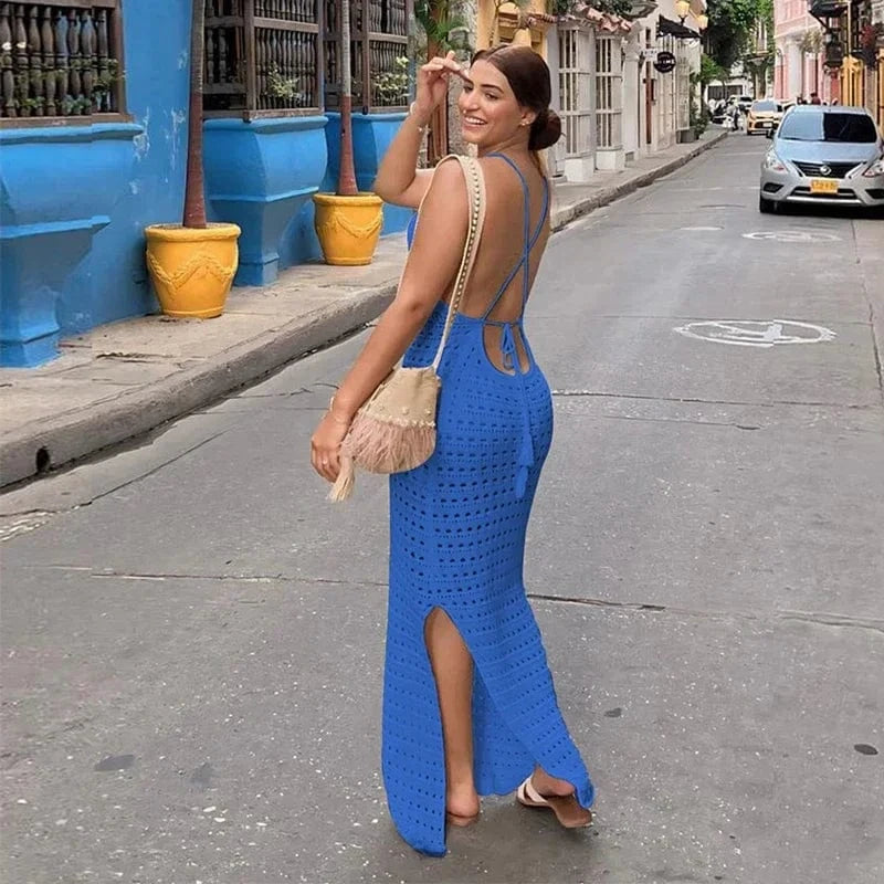 Robe de plage crochet longue fendue dos nu