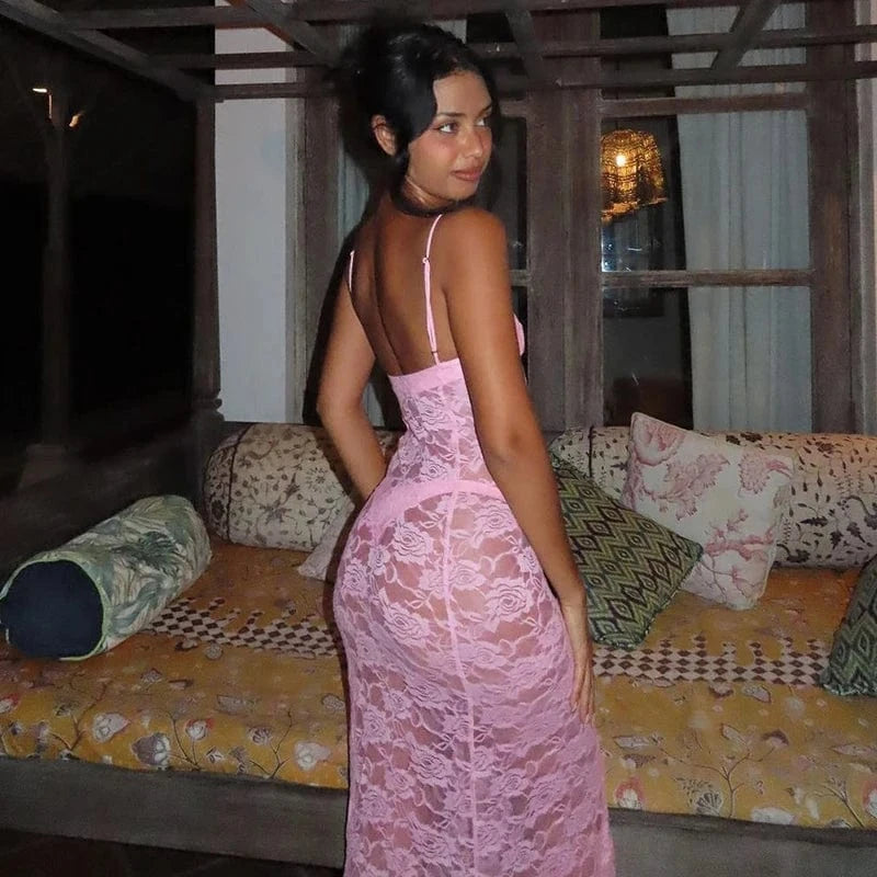 Robe de plage longue en dentelle transparente