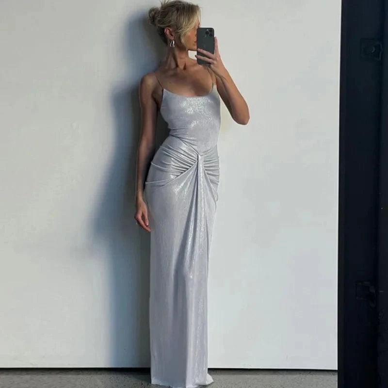 Robe de soirée argentée moulante longue