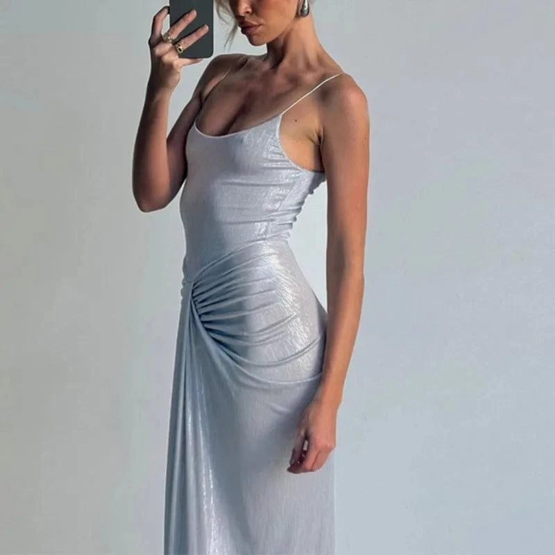 Robe de soirée argentée moulante longue