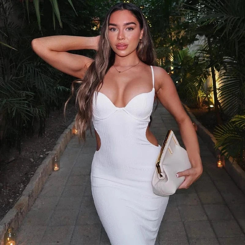 Robe de soirée blanche longue dos nu à bretelles