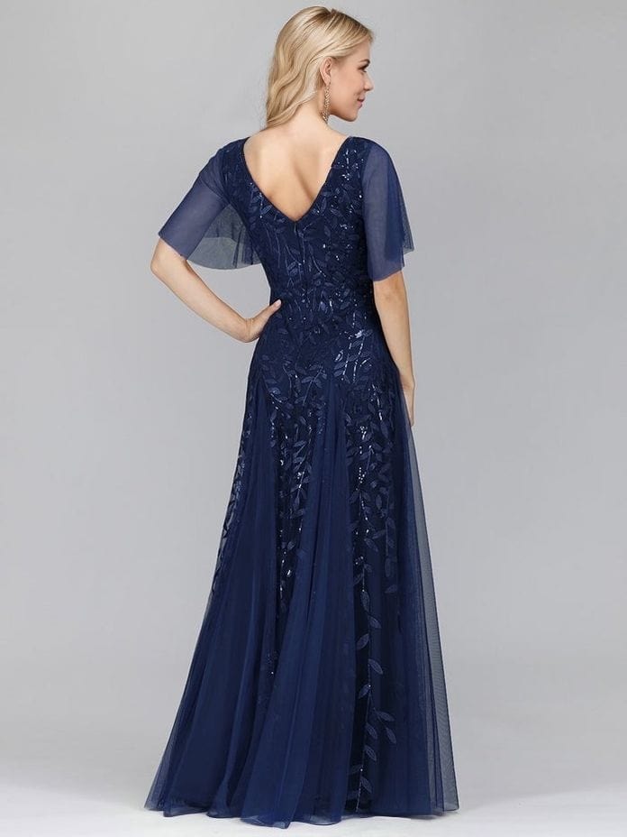 Robe de soirée bleue chic longue manches à volants