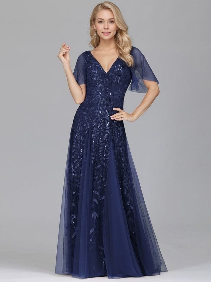 Robe de soirée bleue chic longue manches à volants