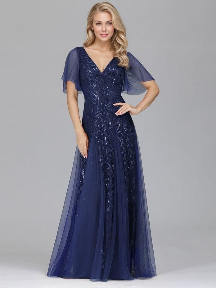 Robe de soirée bleue chic longue manches à volants