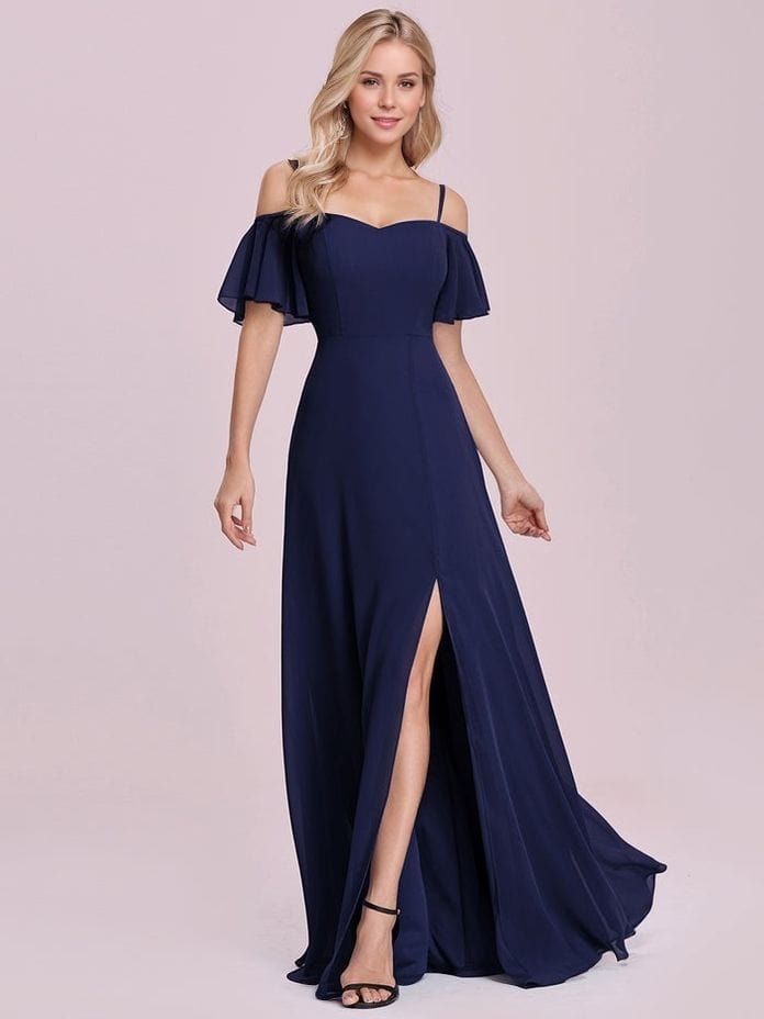 Robe de soirée bleue fendue longue manches volantes