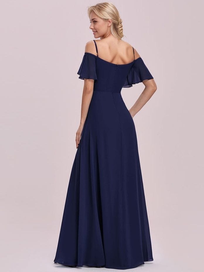 Robe de soirée bleue fendue longue manches volantes