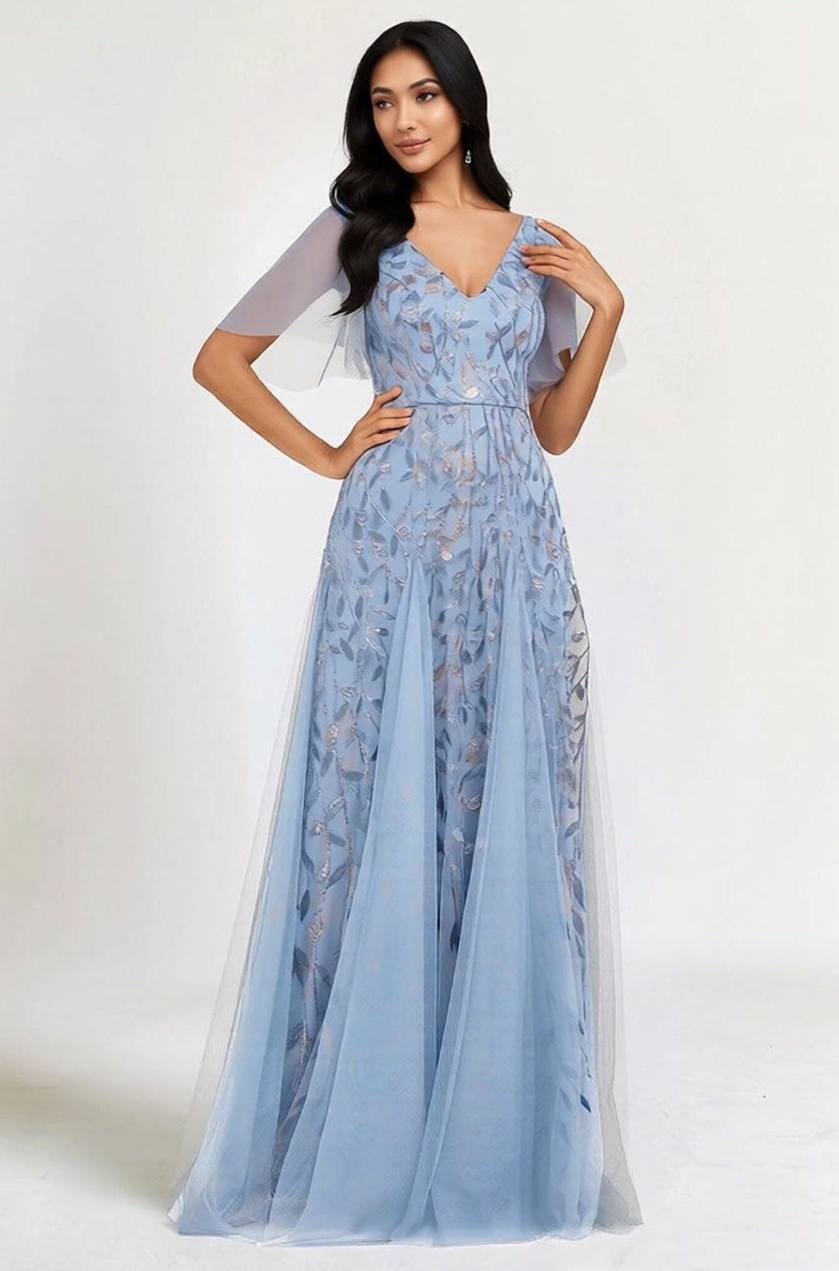 Robe de soirée bleue motif paillettes