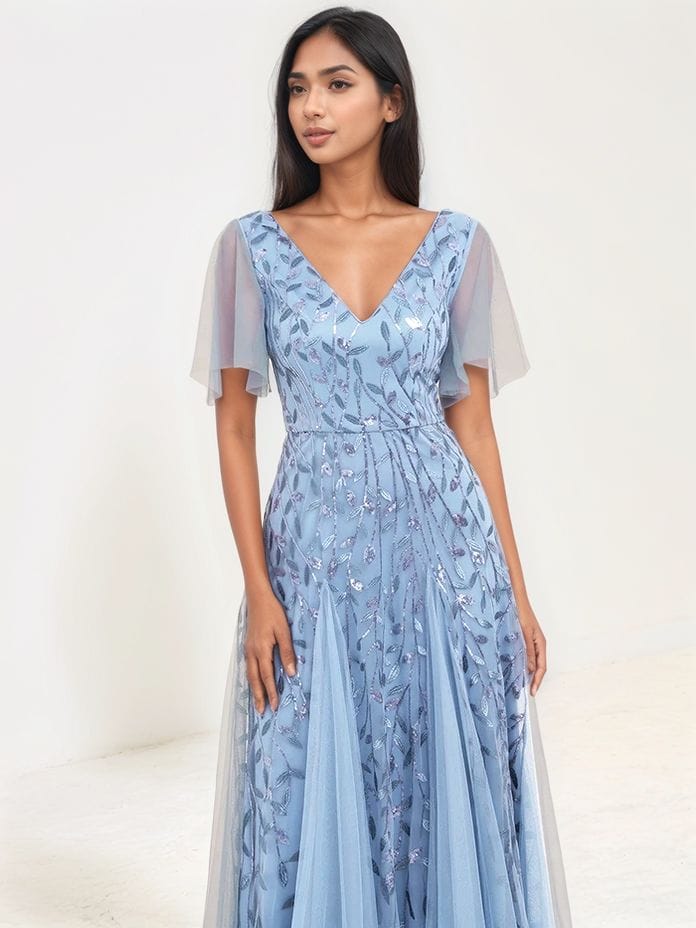Robe de soirée bleue motif paillettes