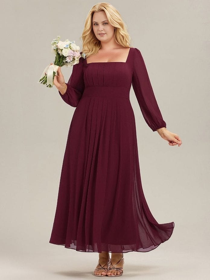 Robe de soirée bordeaux à manches longues grande taille