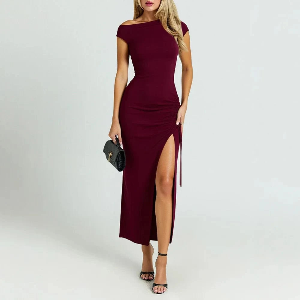 Robe de soirée bordeaux fendue moulante