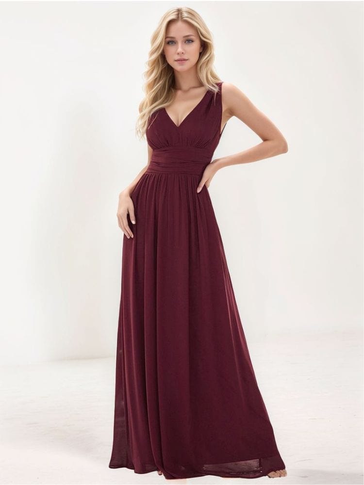 Robe de soirée bordeaux longue taille empire