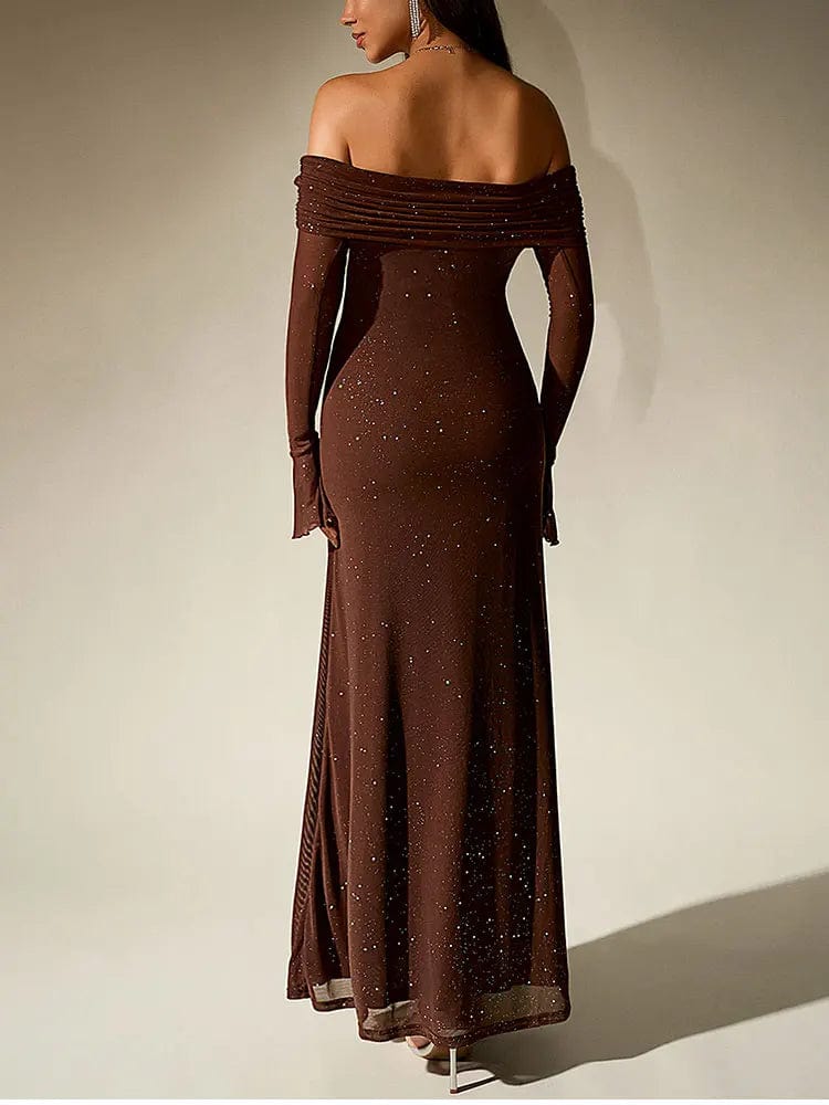 Robe de soirée dos nu moulante chocolat longue chic manches longues pour un look élégant.