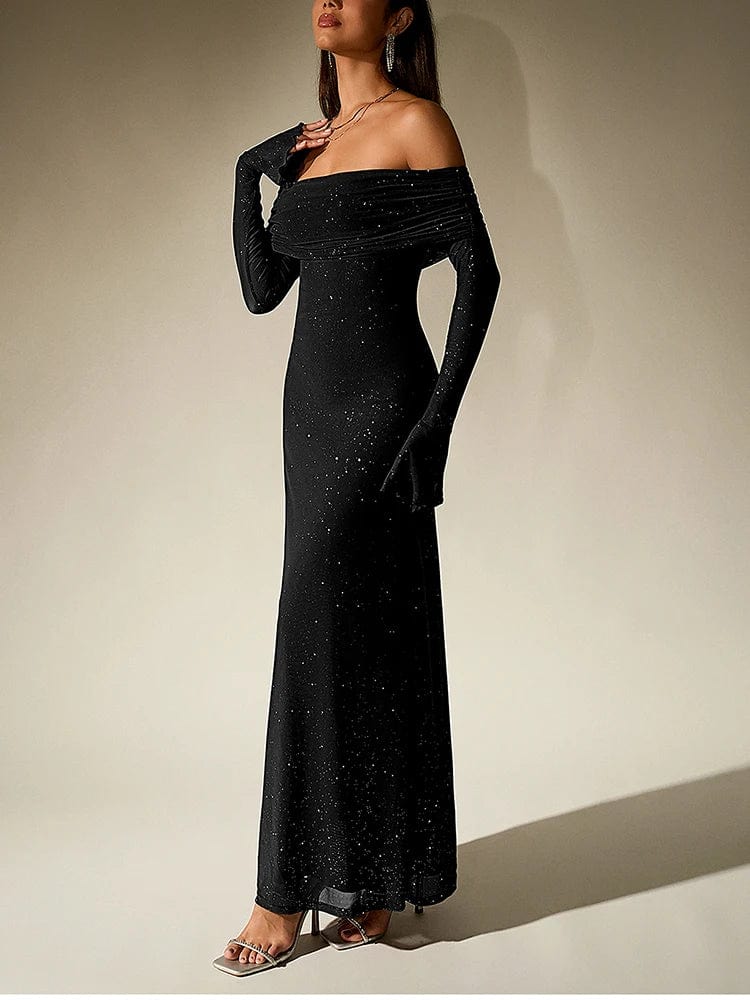 Robe de soirée chic noire longue épaules dénudées, idéale pour un gala ou une soirée élégante.