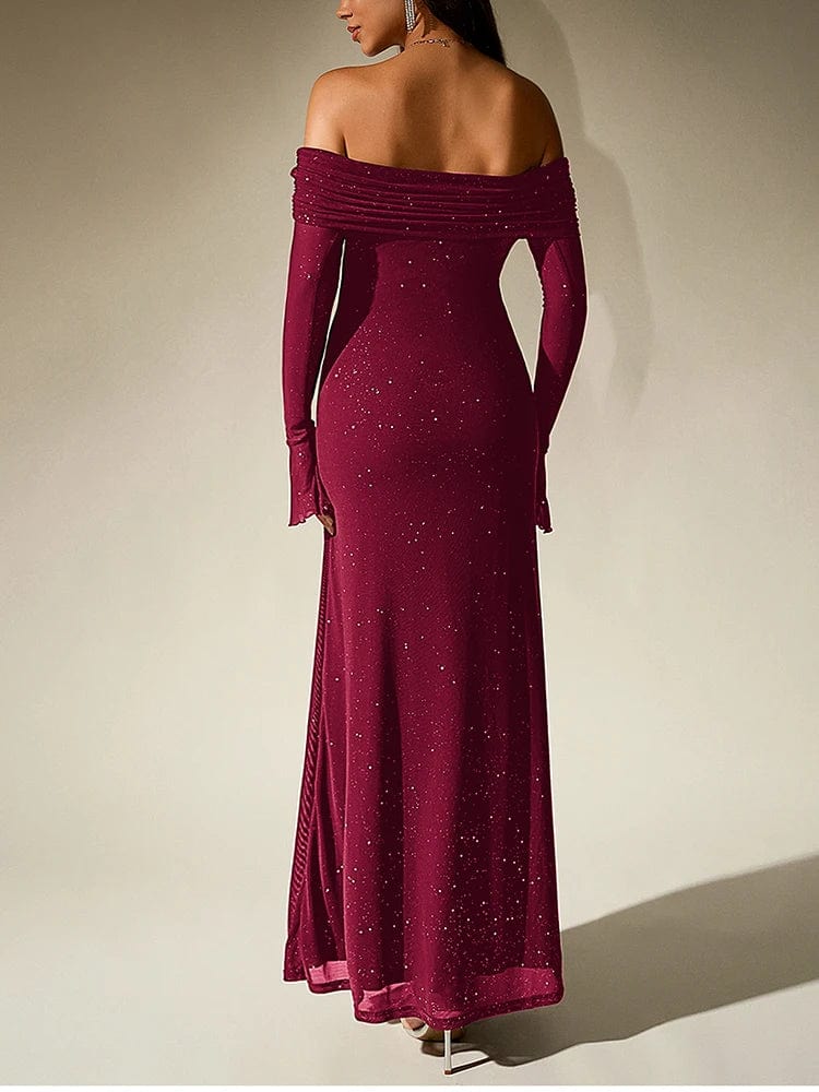 Robe de soirée dos nu longue bordeaux élégante, parfaite pour un mariage ou une soirée chic.