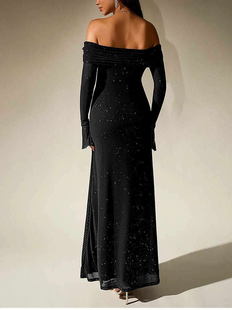 Robe de soirée chic noire longue évasée épaules dénudées manches longues pour mariage invité.