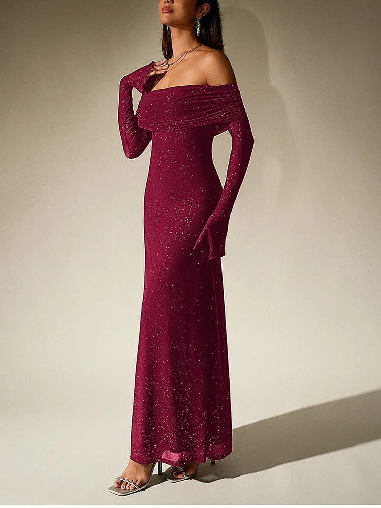 Robe de soirée chic bordeaux longue épaules dénudées, idéale pour un mariage ou cocktail élégant.