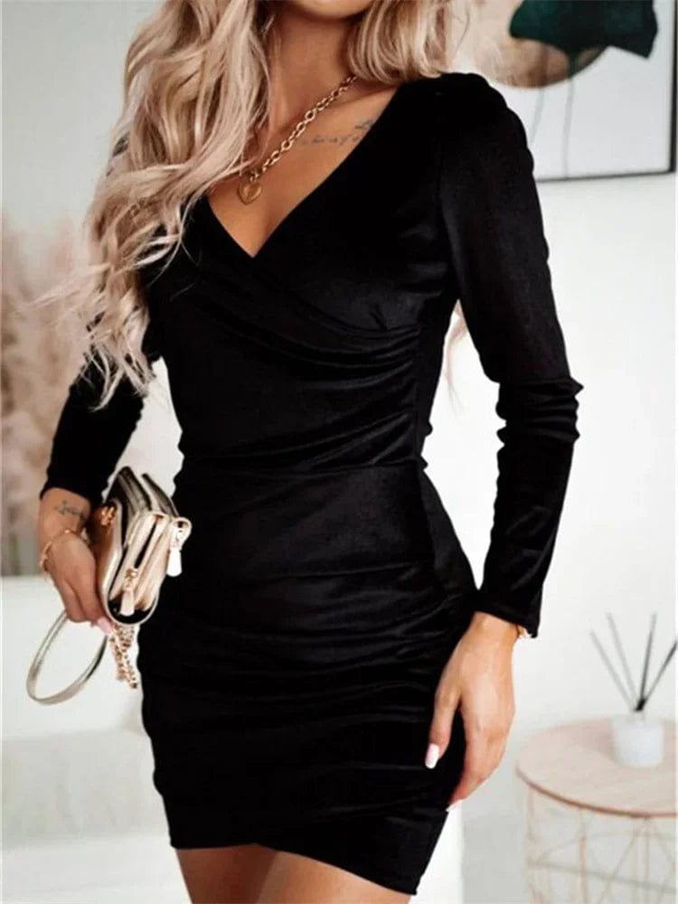 Robe Velours Femme Manches Longues Col V Moulante – Robe Soirée Hiver Cocktail Fête Club Élégante