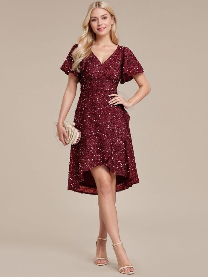 Robe de soirée courte bordeaux à paillettes