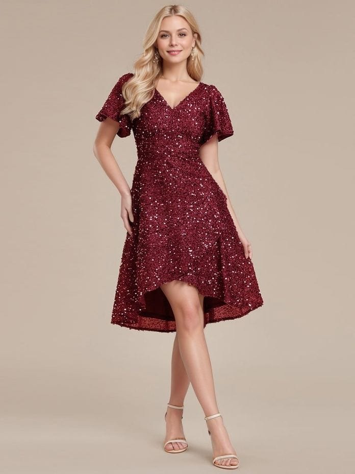 Robe de soirée courte bordeaux à paillettes