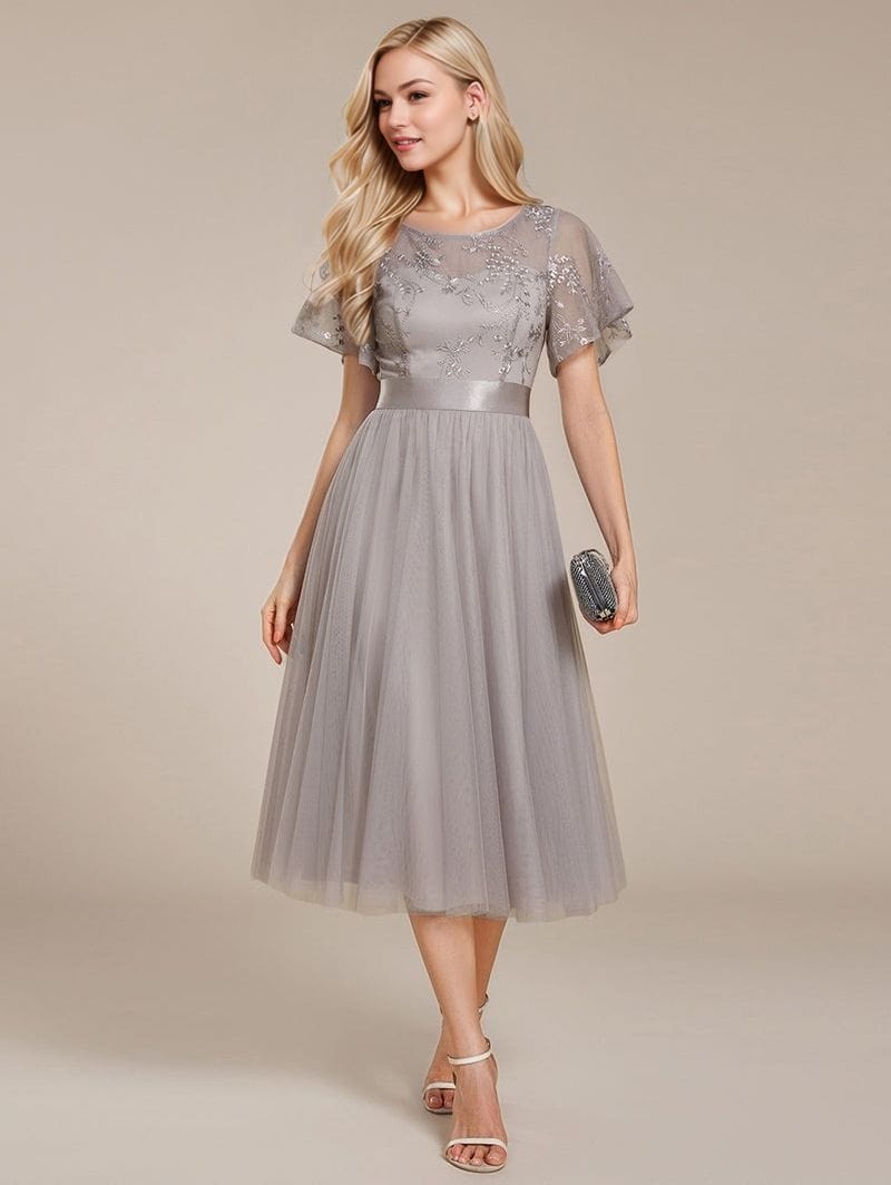 Robe de soirée de mariage grise haut tulle et broderies