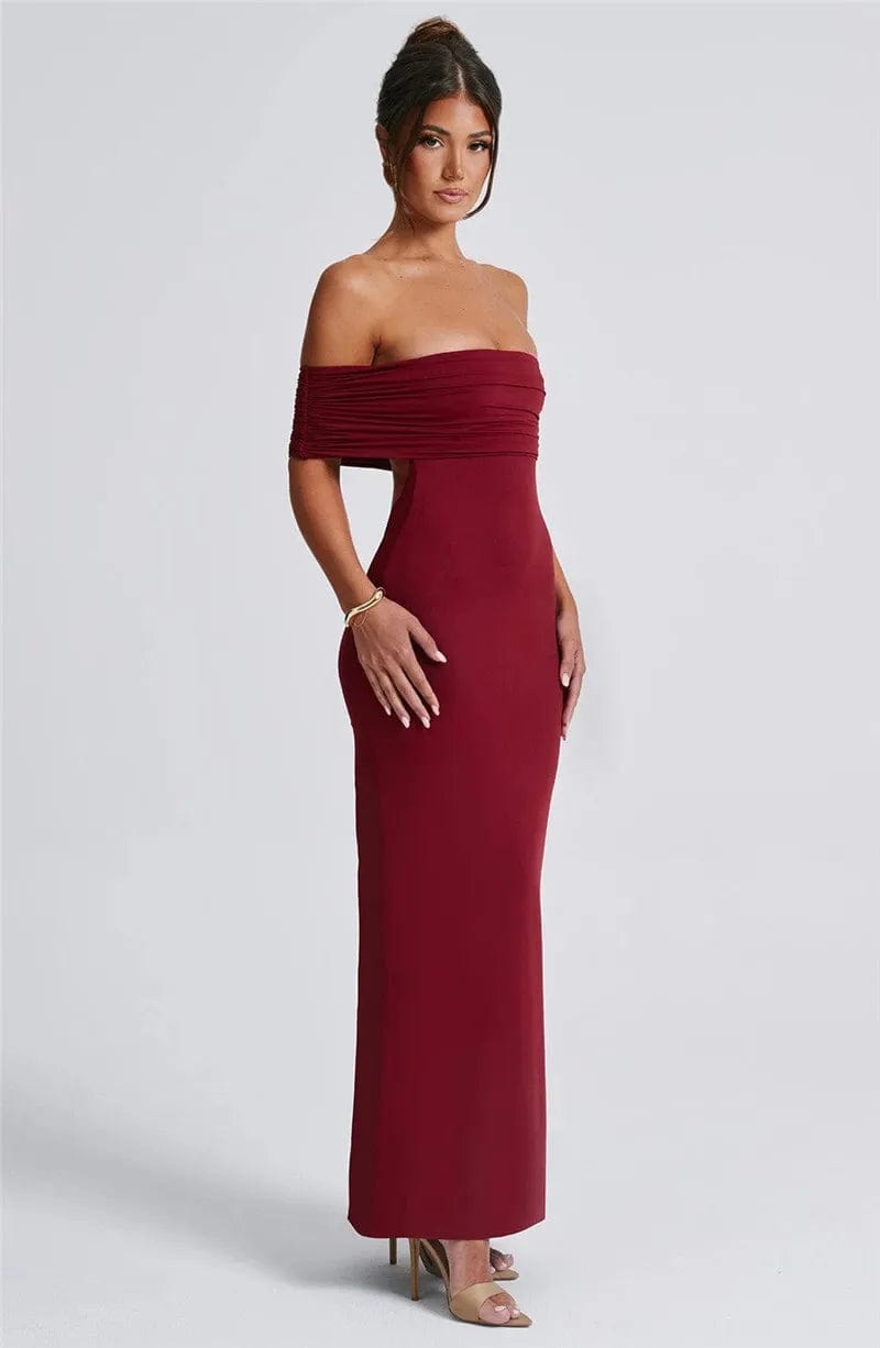 Robe de soirée dos nu rouge longue sans manches pour gala et nouvel an, style chic et élégant.