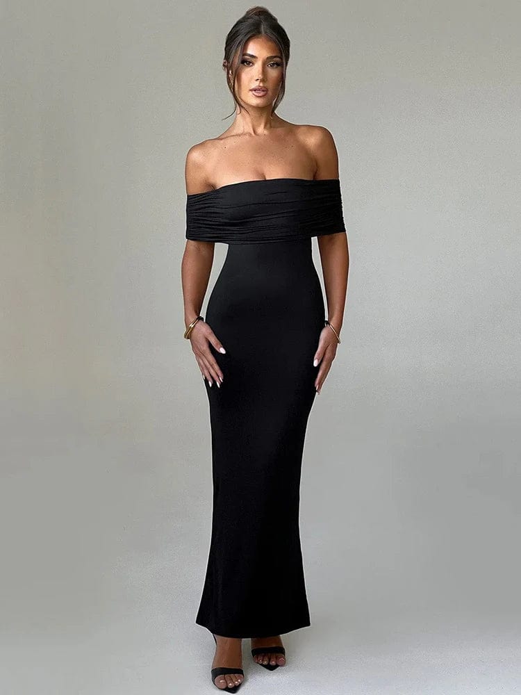Robe de soirée noire dos nu, style élégant et sexy, longue avec épaules dénudées pour cocktail ou gala.