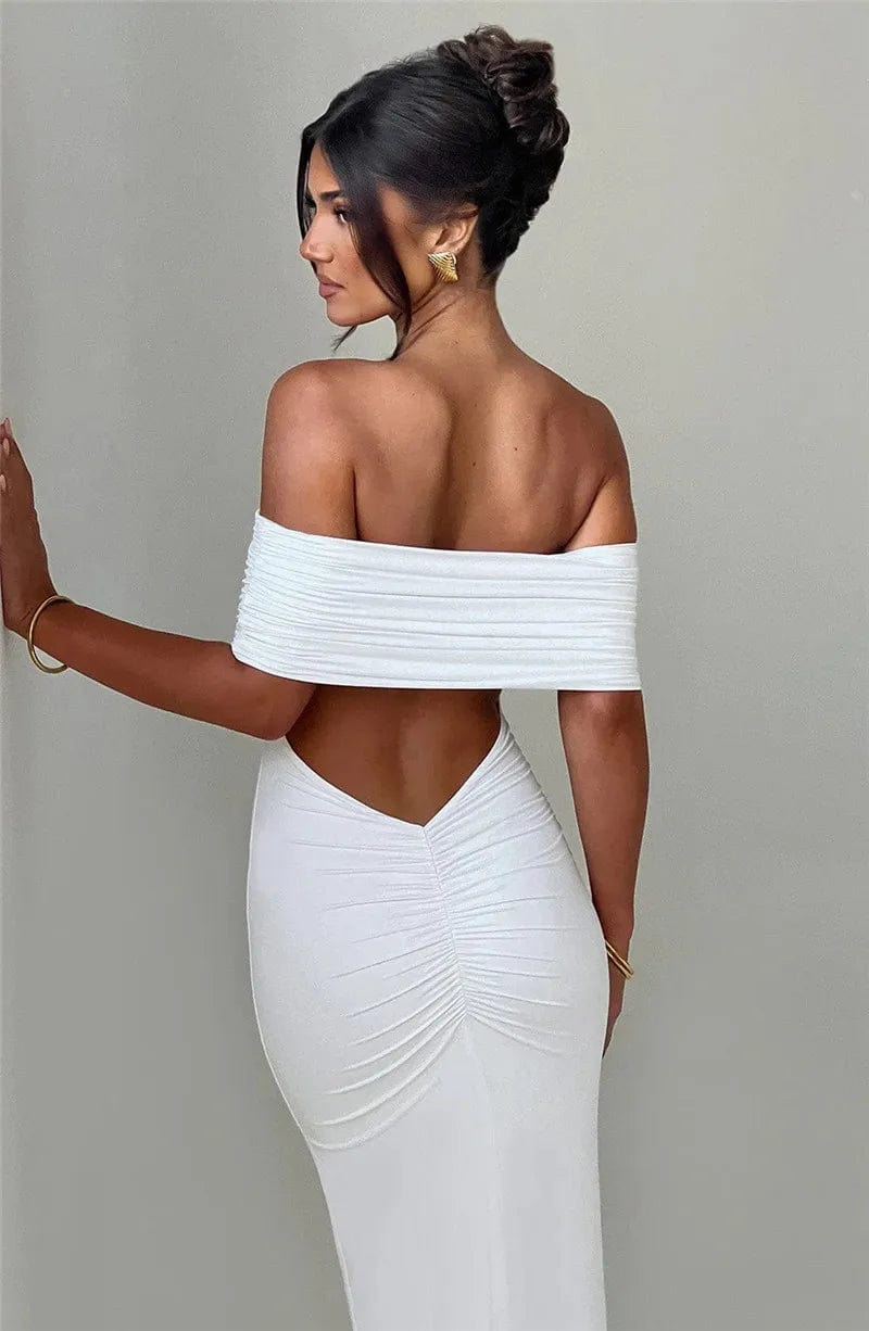 "Robe de soirée dos nu blanche longue moulante avec manches longues pour cocktail ou mariage"